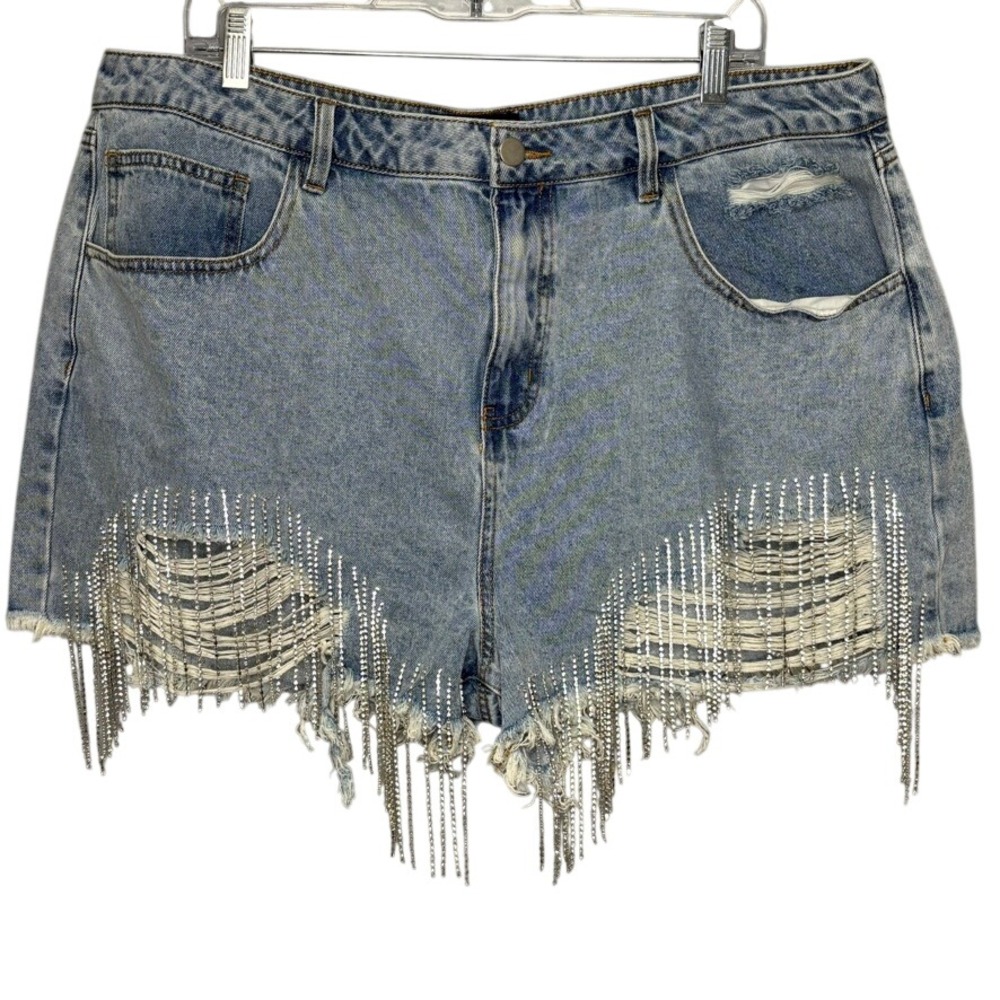 NWT Festival Rhinestone Fringe Distressed Denim Cutoff Shorts Women's Plus Sz 2X
